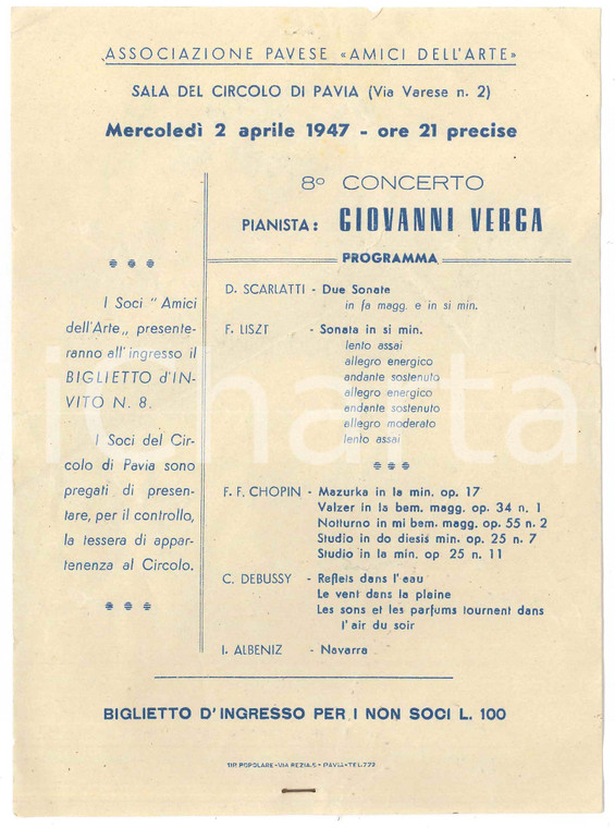 1947 PAVIA Associazione AMICI DELL'ARTE - Concerto Giovanni VERGA- Volantino