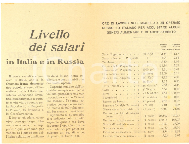 1950 ca ANTICOMUNISMO Livello dei salari in Italia e in Russia *PROPAGANDA (5)