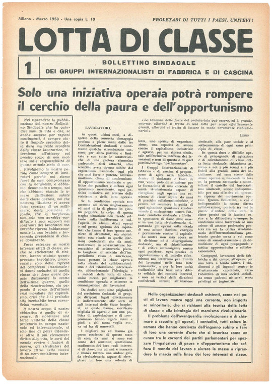 1958 MILANO - LOTTA DI CLASSE - Iniziativa operaia contro la paura - Bollettino