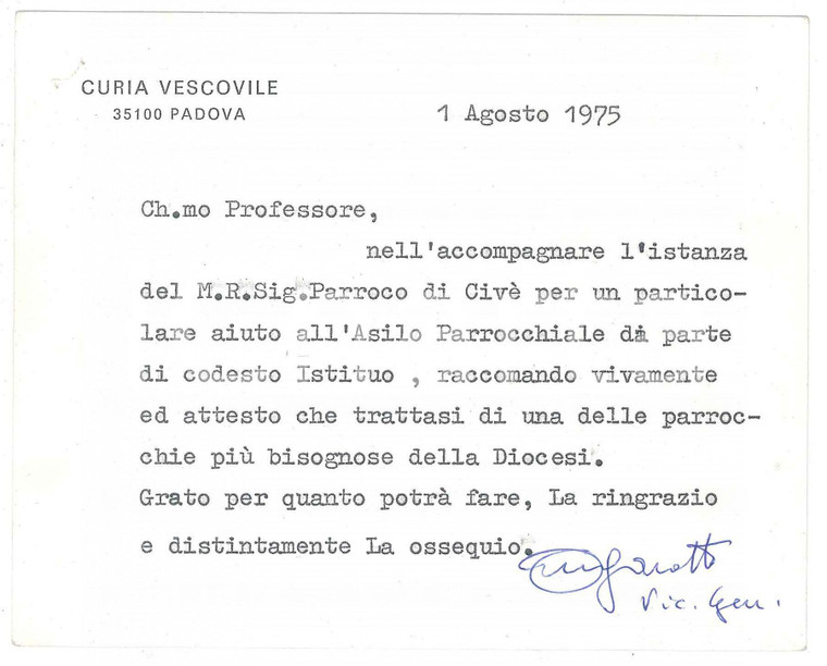 1975 PADOVA Biglietto mons. Alfredo MAGAROTTO - Vicario generale - AUTOGRAFO
