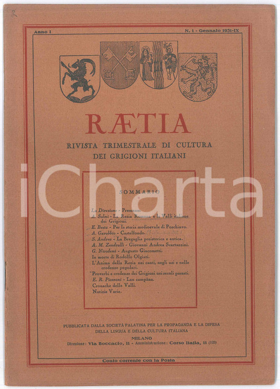 1931 RAETIA Storia di Poschiavo - Augusto GIACOMETTI Rivista GRIGIONI Anno I n°1