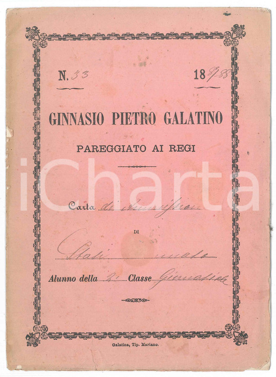 1888 GALATINA Ginnasio "Pietro Galatino" - Pagella Tommaso STASI classe II