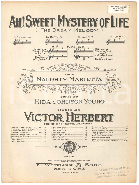 1910 Victor HERBERT Rida Johnson YOUNG "Ah! Sweet Mystery of Life" - Spartito