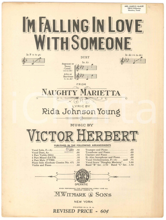 1910 Victor HERBERT Rida Johnson YOUNG I'm falling in love with someone SPARTITO