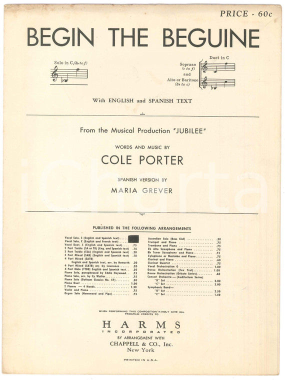 1935 Cole PORTER "Begin the beguine" - "Jubilee" - Spartito
