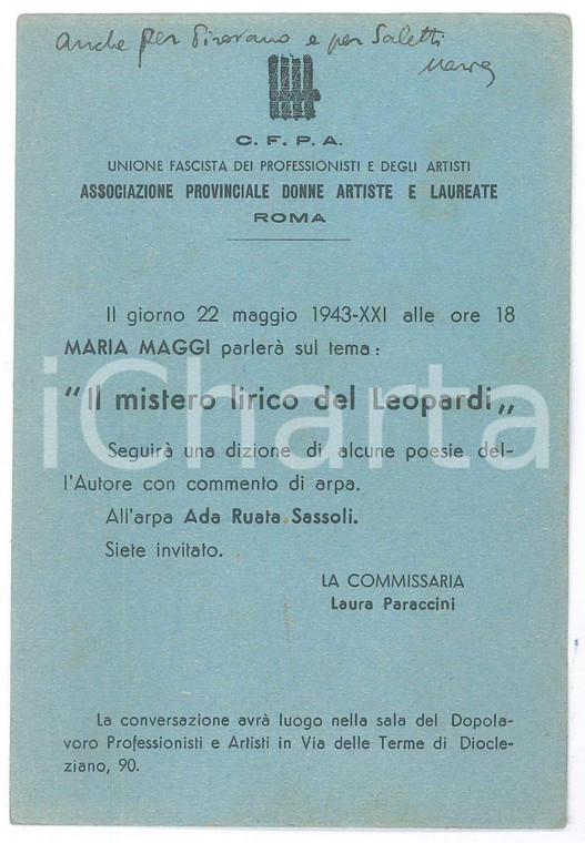 1943 ROMA - CFPA Conferenza di Maria MAGGI su Giacomo LEOPARDI Invito 10x14 cm