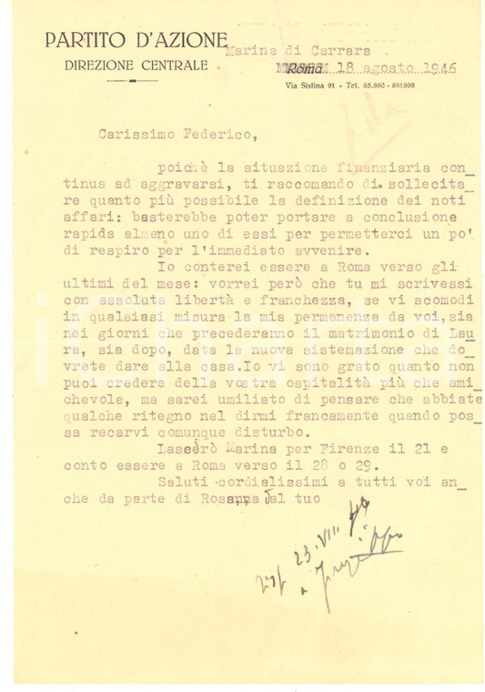 1946 PARTITO D'AZIONE - MARINA DI CARRARA - Direzione Centrale - Lettera