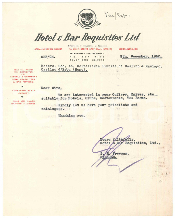 1952 JOHANNESBURG - HOTEL & BAR REQUISITES Ltd - Letter cutlery for hotels