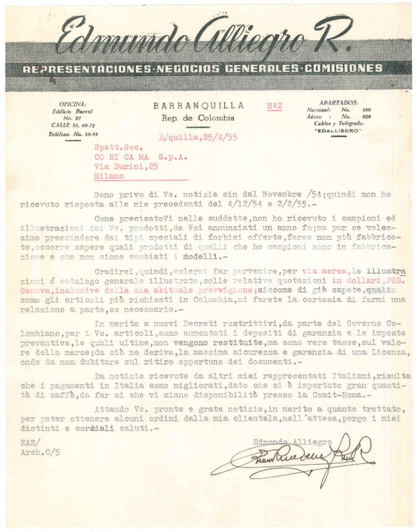 1955 BARRANQUILLA (COLOMBIA) Edmundo CILLIEGRO Negocios - Lettera commerciale
