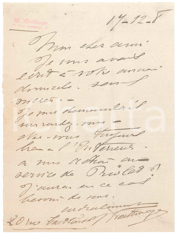 1908 PARIS Lettera Georges BREITTMAYER per appuntamento - Autografo