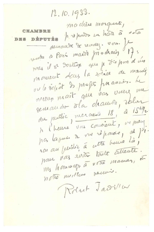 1933 FRANCE Député Robert JARDILLIER programme sa rentrée à Paris - Autographe