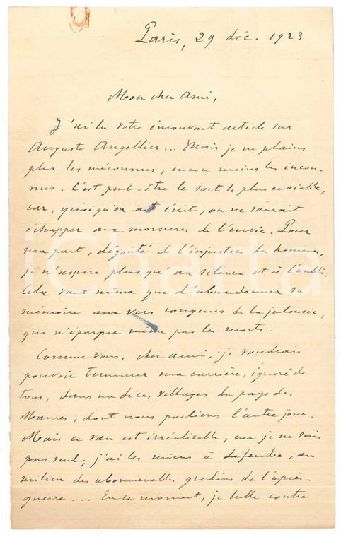 1923 PARIS Paul BRULAT "Je n'aspire plus qu'au silence et à l'oubli" *Autographe