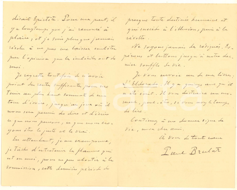 1916 WW1 PARIS Paul BRULAT "Marasme et tristesse face à l'humanité" - Autographe