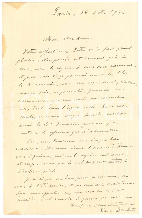 1936 PARIS Lettera Paul BRULAT per un prossimo incontro - Autografo