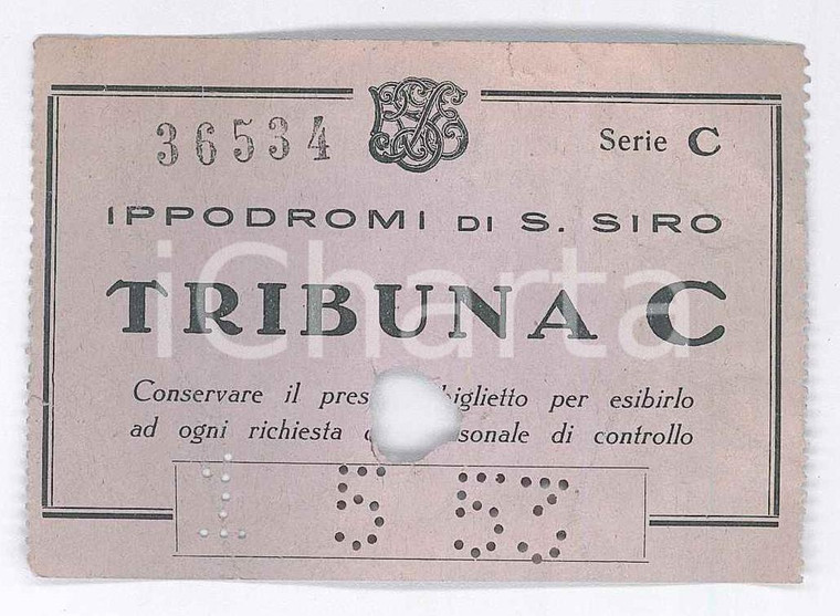 1953 MILANO Ippodromi di San Siro - Biglietto obliterato TRIBUNA C 8x5 cm