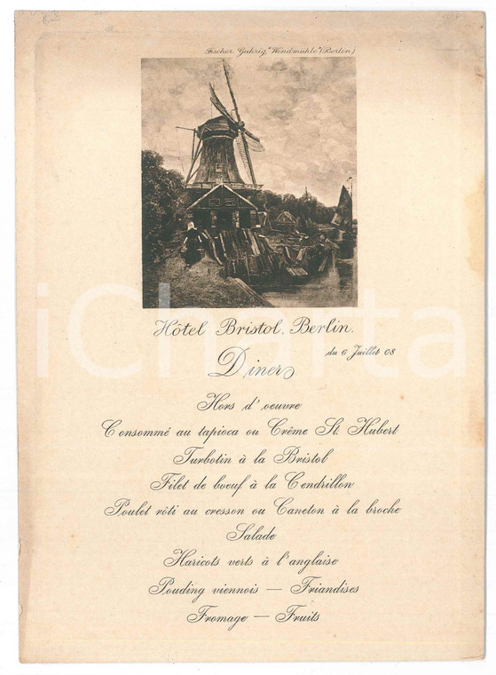 1908 BERLIN - Hotel BRISTOL - Menu dîner Fischer Guhrig "Windmuhle"