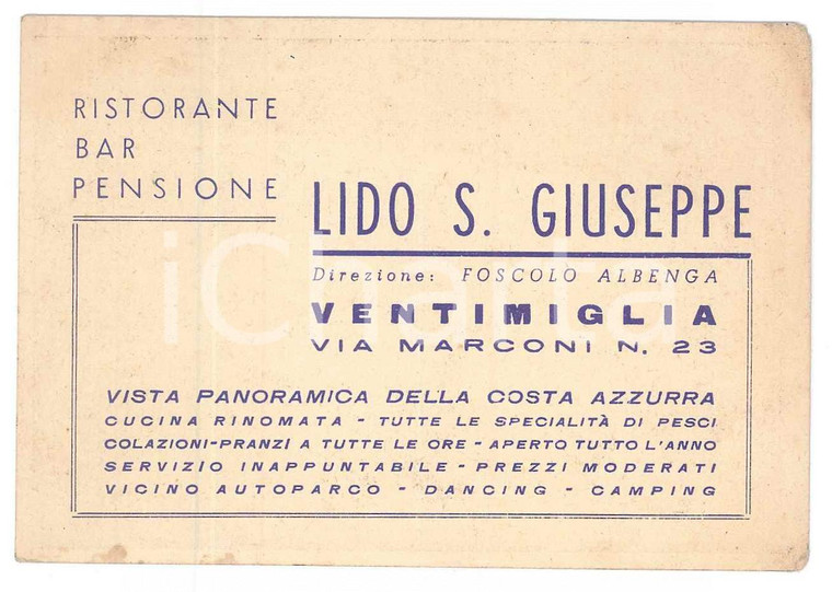 1920 ca VENTIMIGLIA Ristorante Lido San Giuseppe - Biglietto da visita 10x7 cm