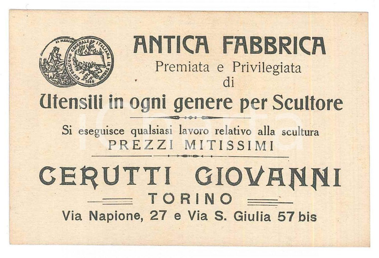 1910 ca TORINO Antica fabbrica Giovanni CERUTTI Utensili per scultori *Biglietto