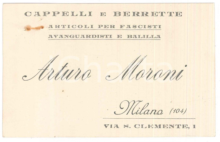 1928 MILANO Cappelleria Arturo MORONI Articoli per fascisti e balilla *Biglietto