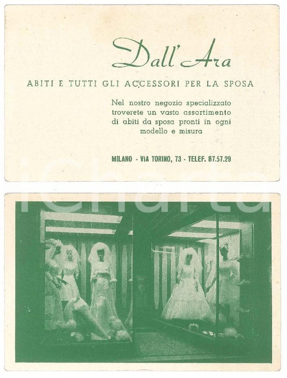 1950 ca MILANO Abiti da sposa DALL'ARA Biglietto da visita ILLUSTRATO 11x7 cm