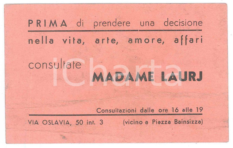 1950 ca ROMA Via Oslavia MADAME LAURJ per oroscopi e consultazioni - Biglietto