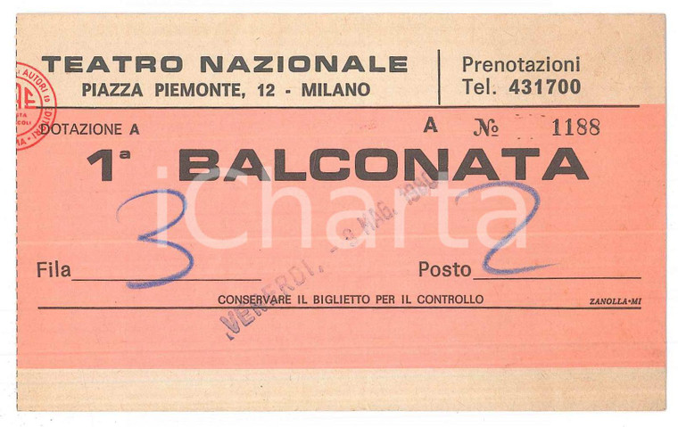 1980 MILANO Teatro Nazionale - Biglietto balconata 13x8 cm