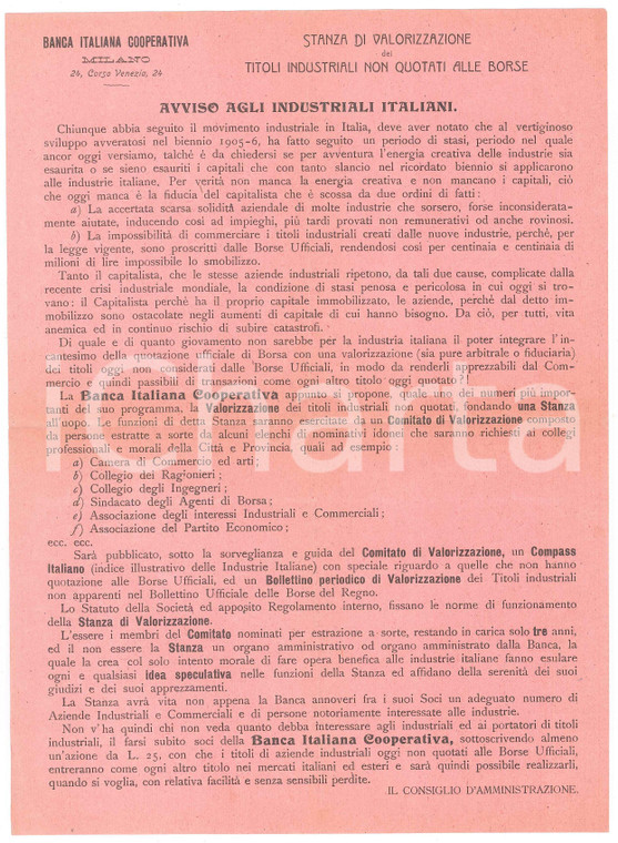 1910 ca MILANO - Banca Italiana Cooperativa - Stanza valorizzazione titoli