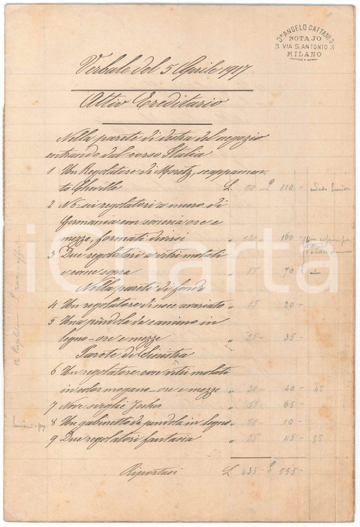 1917 MILANO Orologeria SELERI corso Italia 34 - Inventario beni *Manoscritto