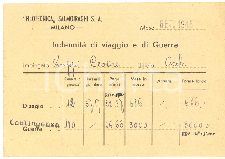 Settembre 1945 MILANO Filotecnica SALMOIRAGHI - Indennità viaggio e guerra