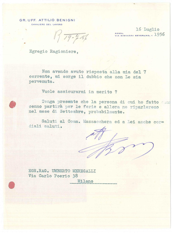 1956 ROMA Gr. Uff. Attilio BENIGNI Cavaliere del Lavoro - Lettera *AUTOGRAFO