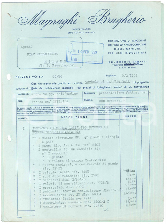 1959 BRUGHERIO - Ditta MAGNAGHI Macchine utensili ^Preventivo impianto idraulico