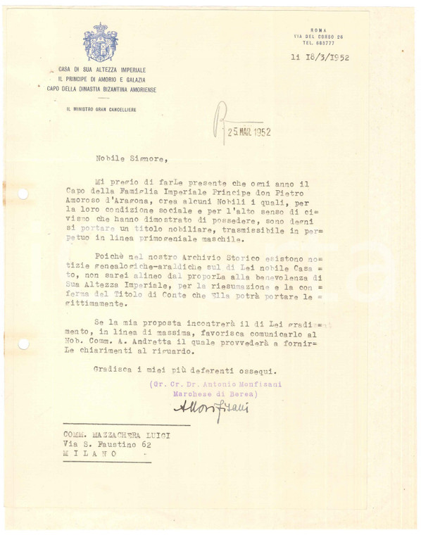 1952 ROMA Lettera Antonio MONFISANI Marchese di Berea *AUTOGRAFO