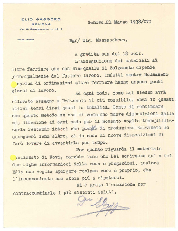 1938 GENOVA via Cancelliere - Lettera Elio GAGGERO su invio materiali *Autografo