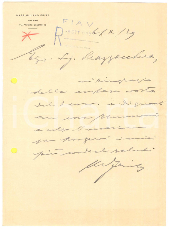 1939 MILANO Lettera imprenditore Massimiliano FRITZ - Ringraziamento *Autografo