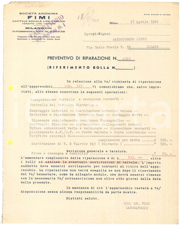 1940 MILANO Società Anonima FIMI - Preventivo riparazione apparecchio