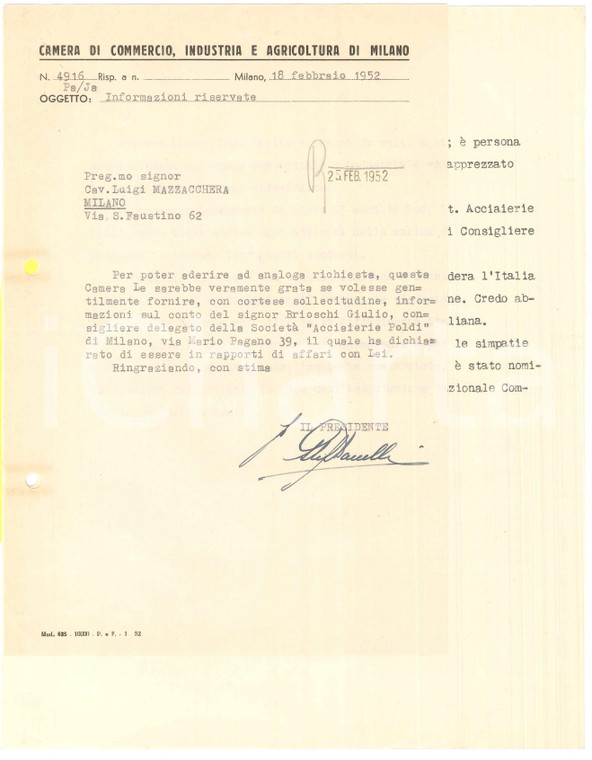 1952 MILANO Camera di Commercio - Lettera per informazioni riservate