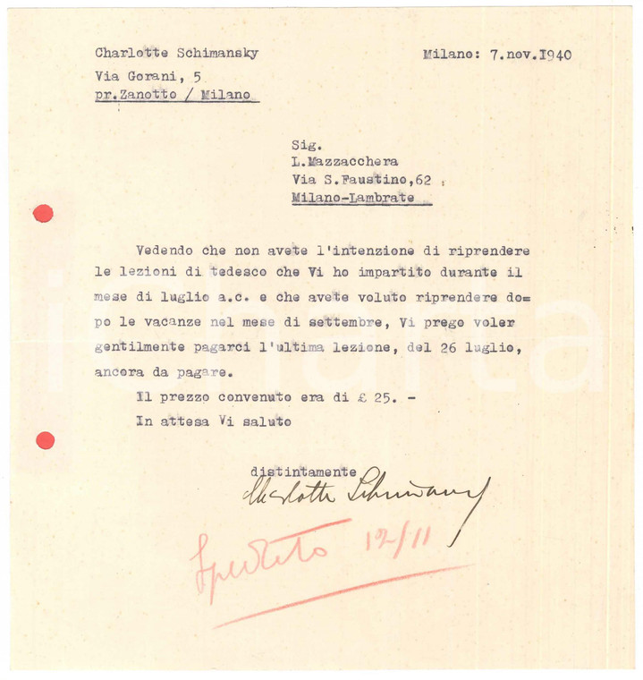 1940 MILANO Lettera Charlotte SCHIMANSKY per saldo lezioni di tedesco *Autografo