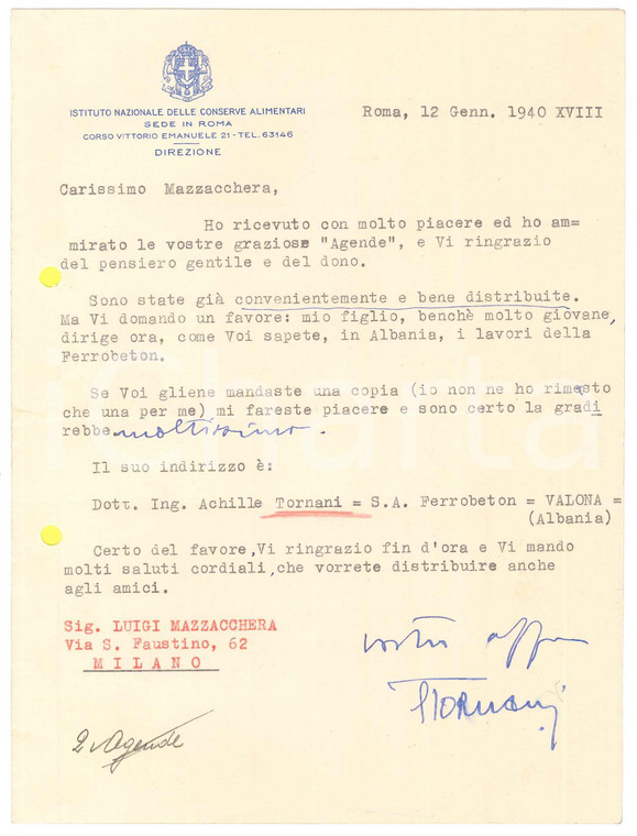 1940 ROMA Lettera direttore TORNANI Istituto Conserve Alimentari *AUTOGRAFO