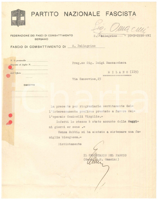1938 PNF S. PELLEGRINO Lettera Gian Maria OMACINI su aiuto a operaio *Autografo