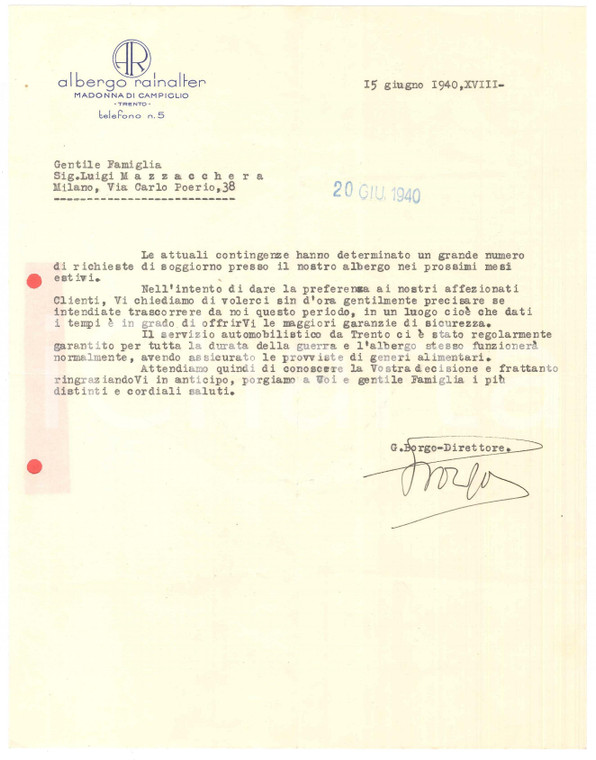 1940 MADONNA DI CAMPIGLIO (TN) Albergo RAINALTER - Prenotazioni in guerra