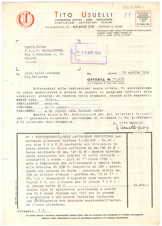 1956 MILANO Tito USUELLI Preventivo ventilatore a FIAV di MAZZACCHERA - LAMBRATE