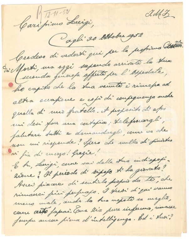 1952 CAGLI Lettera mons. Pietro GROSSI a un benefattore dell'ospedale *Autografo