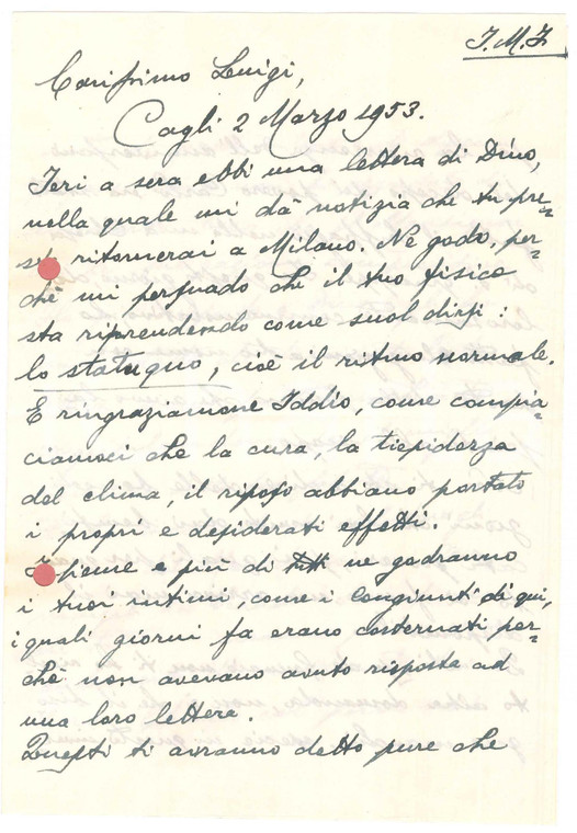 1953 CAGLI Lettera mons. Pietro GROSSI a un benefattore - Autografo