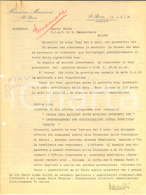 1940 LA SPEZIA Lettere Mazzino MANNORI su preventivo navi da guerra *Autografo