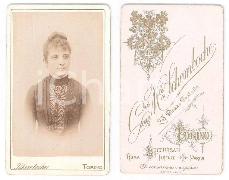 1890 ca TORINO Giovane donna in abito ricamato - Foto SCHEMBOCHE CDV