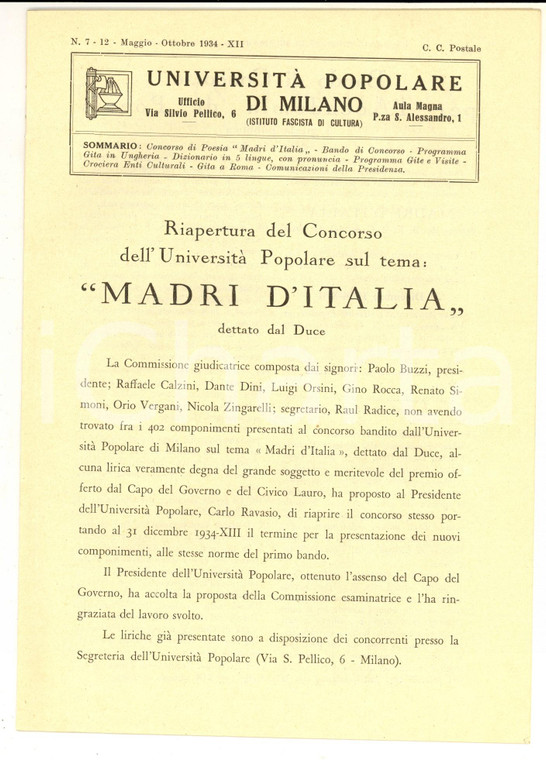 1934 Università Popolare di MILANO - Programma gite e crociere 18 pp.