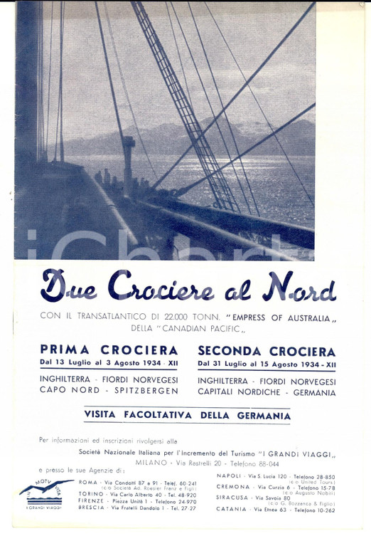 1934 MILANO I GRANDI VIAGGI Crociere al Nord con "Empress of Australia" Brochure