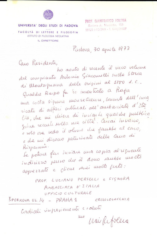 1977 PADOVA Prof. Gianfranco FOLENA chiede volume per un conoscente *Autografo