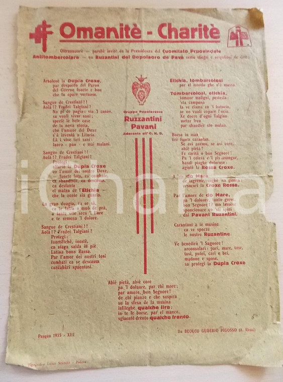 1935 PADOVA I RUZANTINI PAVANI Omanitè - Charitè - Manifesto DIALETTO RARO