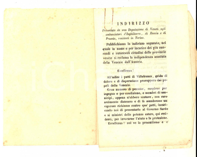 1859 RISORGIMENTO Indirizzo presentato da Deputazione di Veneti - Pamphlet RARO